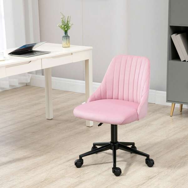  Vinsetto Armless Office Chair, Velvet Computer Desk Chair, Scallop Shape Swivel Chair With Adjustable Height And Wheels For Home Office Study Bedroom, Pink