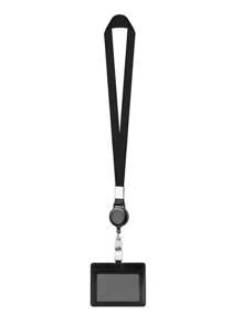1Pc PU ID Card Holder Retractable Buckle Brand Access Card Holder With Lanyard Easy Pull Buckle Work Card Badge Black Fashion Office Worker Unisex Four Seasons Universal,School Supplies,Back To School - Black - View 2