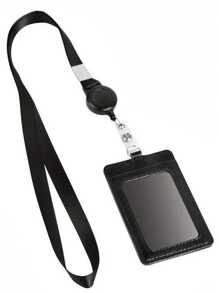 1Pc PU ID Card Holder Retractable Buckle Brand Access Card Holder With Lanyard Easy Pull Buckle Work Card Badge Black Fashion Office Worker Unisex Four Seasons Universal,School Supplies,Back To School - Black - View 3