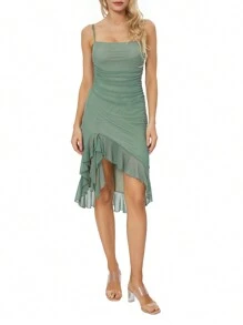 Women Summer Midi Cami Dress Sleeveless Backless Irregular Ruffle Hem Ruched Dress - Green - View 1