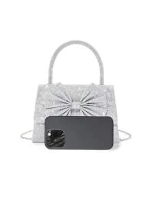 Sac à main élégant et simple de dames avec nœud papillon pailleté et couleur unie, pour soirée, mariage, bal de promo, rendez-vous de la Saint-Valentin - Argent - Voir 6