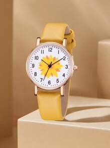 5PCS Yellow PU Leather Strap Women's Watch Set Fashion Fresh And Simple Ins Style Flower Flower Flower Element Dial Quartz Watch Bracelet Set For Her Holiday Gift - Yellow - View 3