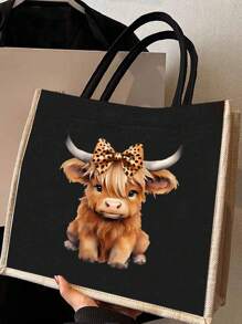 黑色亚麻手提包套装，饰以高地奶牛印花，适合婚礼、生日、海滩、度假等场合——是送给女性、母亲、教师、朋友、伴娘、学生以及返校季的完美礼物。