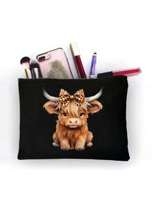 黑色亚麻手提包套装，饰以高地奶牛印花，适合婚礼、生日、海滩、度假等场合——是送给女性、母亲、教师、朋友、伴娘、学生以及返校季的完美礼物。