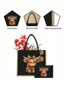 黑色亚麻手提包套装，饰以高地奶牛印花，适合婚礼、生日、海滩、度假等场合——是送给女性、母亲、教师、朋友、伴娘、学生以及返校季的完美礼物。