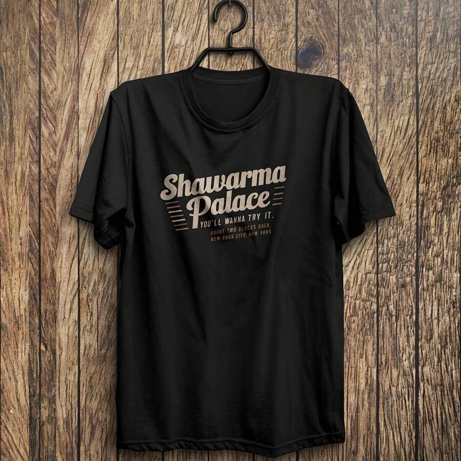 Shawarma Palace T-Shirt - Avengers NYC Inspired - Funny Fan Tee - Erhero Quote Shirt - Geeky Gift For MCU Fans - Unisex Retro Tee - Black - View 1
