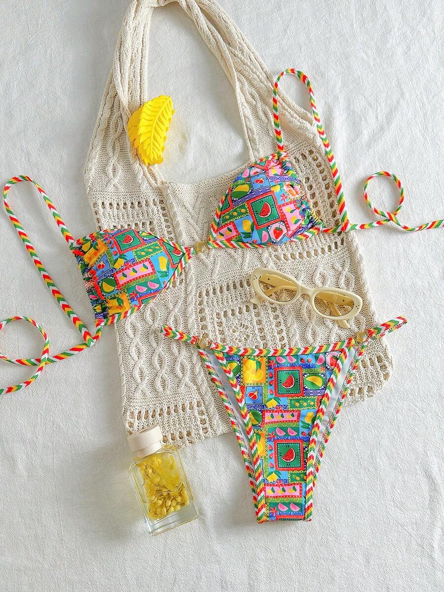 Women's Colorful Printed Vacation Style Hanging Neck Triangle Bikini Two-Piece Set, Suitable For Summer Travel And Vacation - Multicolor - View 1
