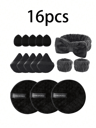 1/27件套黑色化妆海绵套装，可重复使用化妆粉扑，化妆工具套装，包含：2个化妆头带、1个卸妆头带、5个化妆海绵、2个化妆粉扑、12个迷你化妆粉扑、5个三角形化妆粉扑、5个迷你化妆海绵、3片卸妆棉，便携式旅行化妆工具套装