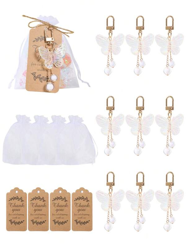 10pcs/Set Butterfly Theme Mesh Gift Bags Set, Creative Keychain With Thank You Card, White Butterfly Pendant, Wedding Party Favors, Birthday Party Decor, Bridal Shower Gifts, Baby Shower Supplies, Gift Bags Packaging, Party Favors, Party Supplies, Guest Gifts