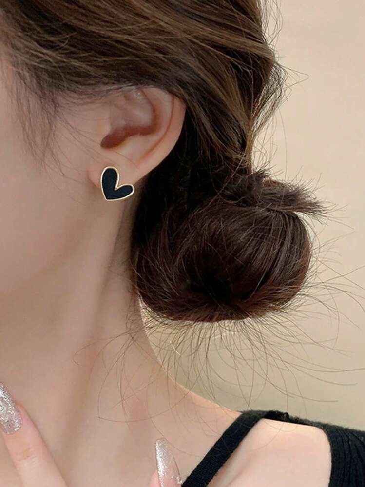 5 件/套复古风格黑色心形植绒蝴蝶结镂空花瓣水钻方形耳钉，适合女性日常和节日佩戴（无盒） - 套裝A款 - 查看 2