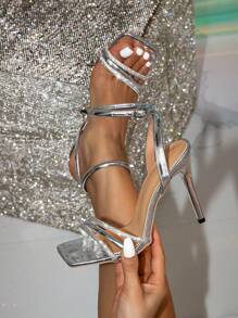 Fall/Winter 2025 Summer French Style Silver Rhinestone Square Toe High Heel Shoes, Stiletto Heel Fairy Banquet Ankle Strap Open Toe Sandals For Women,Sexy,Party - Silver - View 3
