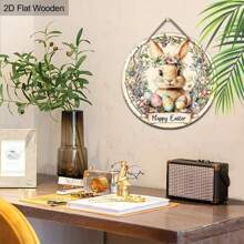 经典复活节兔子花环 - 7.87x7.87 英寸圆形木质墙饰，春季和节日农舍门和门廊装饰，由木材制成，无需电力 - 彩色 - 查看 11