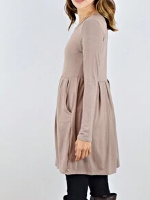 Boho Retro Rayon Cool Soft Summer Cuff Short Sleeve Crew Neck T Shirt Mini Dress Tunic With Pockets - 摩卡棕 - 查看 2