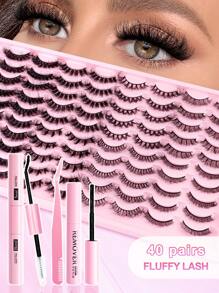 40 件/套 10-17 毫米 3D 仿貂皮睫毛，包括 3D 合成睫毛、睫毛胶、睫毛分离器、卸妆液、镊子、睫毛刷，适用于婚礼、派对、日常使用，可单独购买 - 黑色 - 查看 10