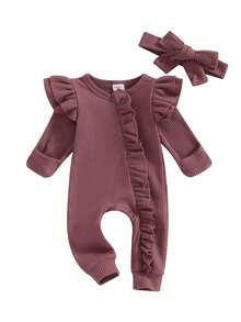Infant Girl Autumn Jumpsuit Solid Color Round Neck Flying Sleeve Ruffled Zipper Romper With Bow Headband - Red - View 3