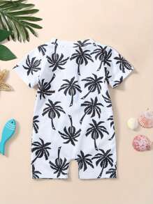 Baby Boys Rash Guard Swimsuit, Cute Shark/Tree Print Short Sleeve Zip Up Swimwear - White - View 4