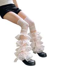 Calentadores de piernas para mujer con volantes de encaje y retazos, calcetines largos hasta el muslo, cubrebotas para ropa de calle - blanco - Ver 4