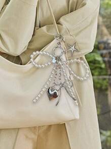 男女皆宜的Y2K可爱串珠蝴蝶结吊坠，时尚大号心形包包挂饰，银色心形旋转钩设计，弹簧扣，海星、蝴蝶结和心形元素手机挂饰钥匙扣 - 彩色 - 查看 5