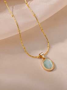 1 件椭圆形蛋白石吊坠项链女士精致粉色、蓝色、绿色天然宝石吊坠 18K 镀金不锈钢可调节项链女士珠宝时尚配饰 - 金黃色 - 查看 7