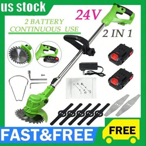 Cordless Weeds Eater Electric Brush Cutter Lawn Edger Grass String Trimmer 21V 650W Cordless Weedwacker Lawn Grass Edger Adjustable Handle String Trimmerw/Wheels + 2 * 2000mAh Battery