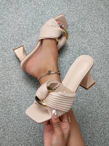 新款时尚方头凉鞋，螺旋高跟，金色扣设计，防滑户外办公室穿露趾高跟鞋，夏季 - 杏色 - 查看 6