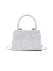 Sac à main élégant et simple de dames avec nœud papillon pailleté et couleur unie, pour soirée, mariage, bal de promo, rendez-vous de la Saint-Valentin - Argent - Voir 7
