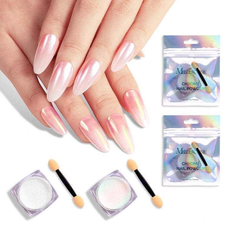 2 Jars Chrome Nail Powder Y2K Aesthetic Metallic Mirror Effect Holographic Aurora Chameleon Chrome Powder For Nail Art Gel Polish, Nail Supplies For Nails White Glitter Powder - 紅白色 - 查看 1