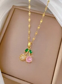 1条项链，1对耳环，轻奢樱桃粉色水钻清新简约微镶锆项链耳环，锁骨链，毛衣链，配饰套装 - 金色 - 查看 8