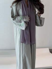 1 Piece Of Fashionable And Simple Coconut Palm Embroidery Splicing Cuffs Women's Dress Robe, Elegant Solid Color Long Dress Cardigan Long Dress Abaya Suitable For Festivals And Daily Life To Show Summer Style,Modest - Green - View 6