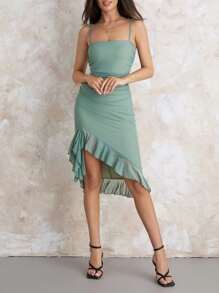 Women Summer Midi Cami Dress Sleeveless Backless Irregular Ruffle Hem Ruched Dress - Green - View 5