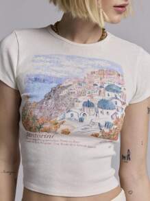 Womens Y2k Graphic Baby Tees Slim Fit Round Neck Showing Navel Cap Sleeve T Shirt Vintage Crop Tops For Summer Womens 90s Streetwear Retro Aesthetic Clothes For Teen Girls - Màu be - Xem 3