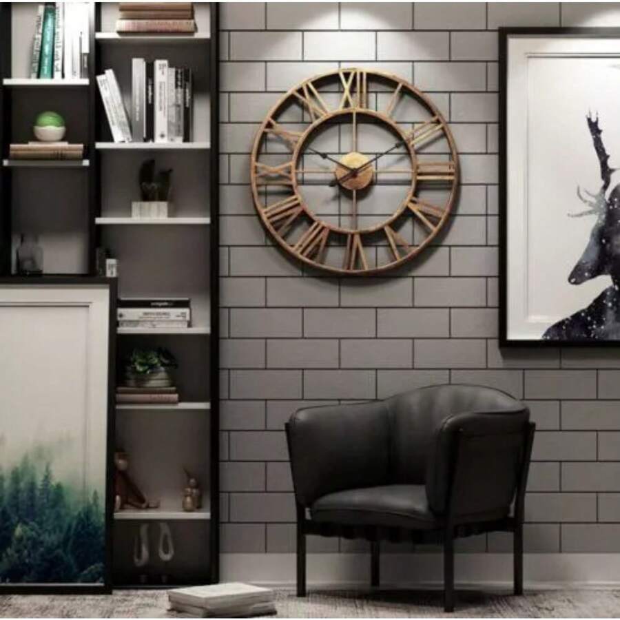 60CM Large Skeleton Metal Roman Wall Clock Big Numerals Giant Open Round Face - Variant1 - View 1