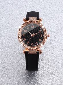 2pcs Fashion Minimalist Rhinestones Embedded Floral Dial Black Numeral Quartz Watch With Heart Shaped Rhinestone Bracelet, Gift For Children, Versatile Item