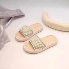 2025女童新款闪亮镶嵌珍珠亮钻时尚平底凉鞋舒适轻便休闲室内外休闲度假派对 - 白色 - 查看 4