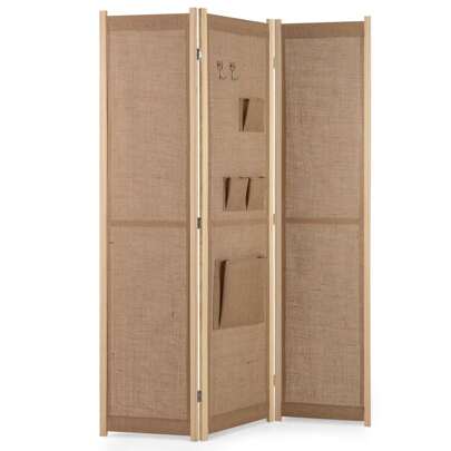 3-Panel Faux Linen Room Divider Folding Privacy Screen-Natural