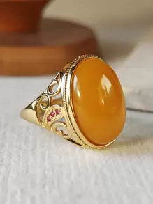 天然波罗的海琥珀戒指大戒圈镶嵌琥珀宝石复古化石树脂配饰带来平静与和平能量礼物送给她和他情侣珠宝