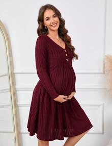 GoyRrbay Maternity Knit Ribbed Dress Casual V Neck Long Sleeve Midi Sweater Dress With Pocket Photoshoot Baby Shower - Burgundy - View 2