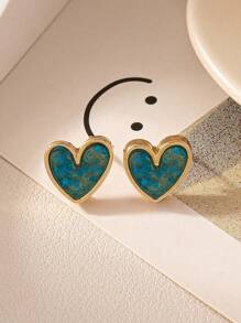 1 Pair Vintage Style Gold Framed Blue Heart Shape Stud Earrings - Lamber - View 2