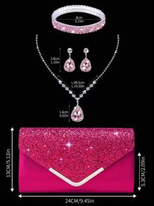 女士水钻晚宴手包，4 件套水钻耳夹新娘婚礼颈链手链吊坠，闪亮钱包，非常适合派对、婚礼、舞会、晚宴/宴会、婚纱、正式服装、舞会礼服、生日礼服