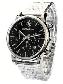 Pablo Raez Relógio masculino glamoroso de 1 peça, famoso, novo, luxuoso, em aço inoxidável SUS304, resistente à água até 50 m, com calendário, em metal sólido, aço pesado, temporizador, casual, moderno, de quartzo, para homens, com escala numérica arábica, ponteiros luminosos, preto, relógio de pulso empresarial de alto nível para uso diário, presente para pai ou amigo, Natal e Ano Novo