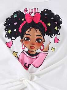 2 件套年轻女孩卡通女孩印花荷叶边下摆圆领短袖上衣和牛仔效果舒适时尚短裤，夏季 - 白色 - 查看 4