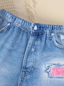 2 件套年轻女孩卡通女孩印花荷叶边下摆圆领短袖上衣和牛仔效果舒适时尚短裤，夏季 - 白色 - 查看 6