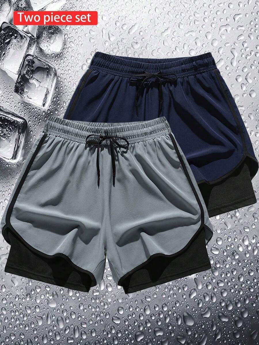 2pcs/Set Men Solid Color Casual Daily Elastic Breathable Quick-Dry Outdoor Sports Shorts - Multicolor - View 1