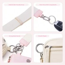 POIUGOYA Keychain Wristlet Wallet, Zip Around Dual Pouch Wristlet Portable, Nylon Secure Coin Purse Small Wallet With Key Ring, Fashion Women's Cute Wallet With RFID, Identification Window - Pink & Beige - View 6