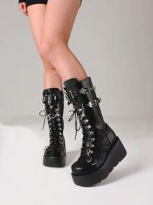 Women Punk Motorcycle Boots Platform High Wedge Heel Metal Buckle Side Zipper Lade Up Round Toe Shoes Cool Fashion Gothic Boots For Woman - màu đen - Xem 4