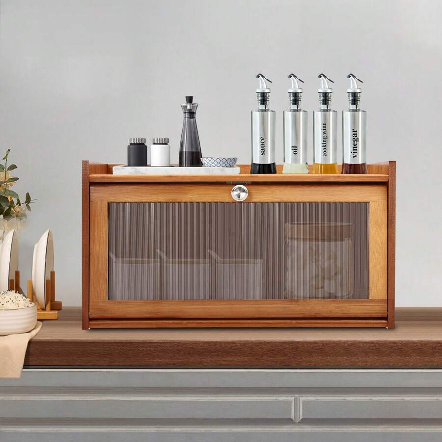 ZhdnBhnos Large Capacity Bread Box Kitchen Food Storage Box With Acrylic Window Home Wooden Bamboo Bread Box - Brown - View 1