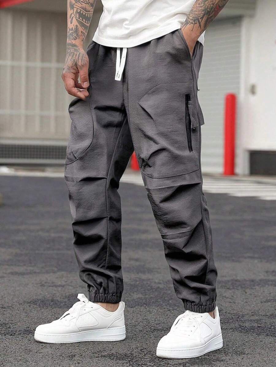 Men's Solid Color Comfortable Cuffed Casual Pants, Outdoor Hiking Lightweight Breathable Cargo Pants - Grey - View 1