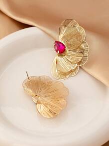 1 Pair Vintage Elegant Metal Gold Layered Textured Floral Embedded Faux Gemstone Pendant Earrings For Women, Suitable For Daily, Party And Formal Occasions