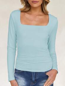 Áo thun dài tay cổ vuông dáng ôm Vaiaye dành cho nữ mùa xuân/hè phong cách Y2K, màu trơn, gợi cảm, thích hợp cho ngày Valentine. - Màu xanh ngọc - Xem 7