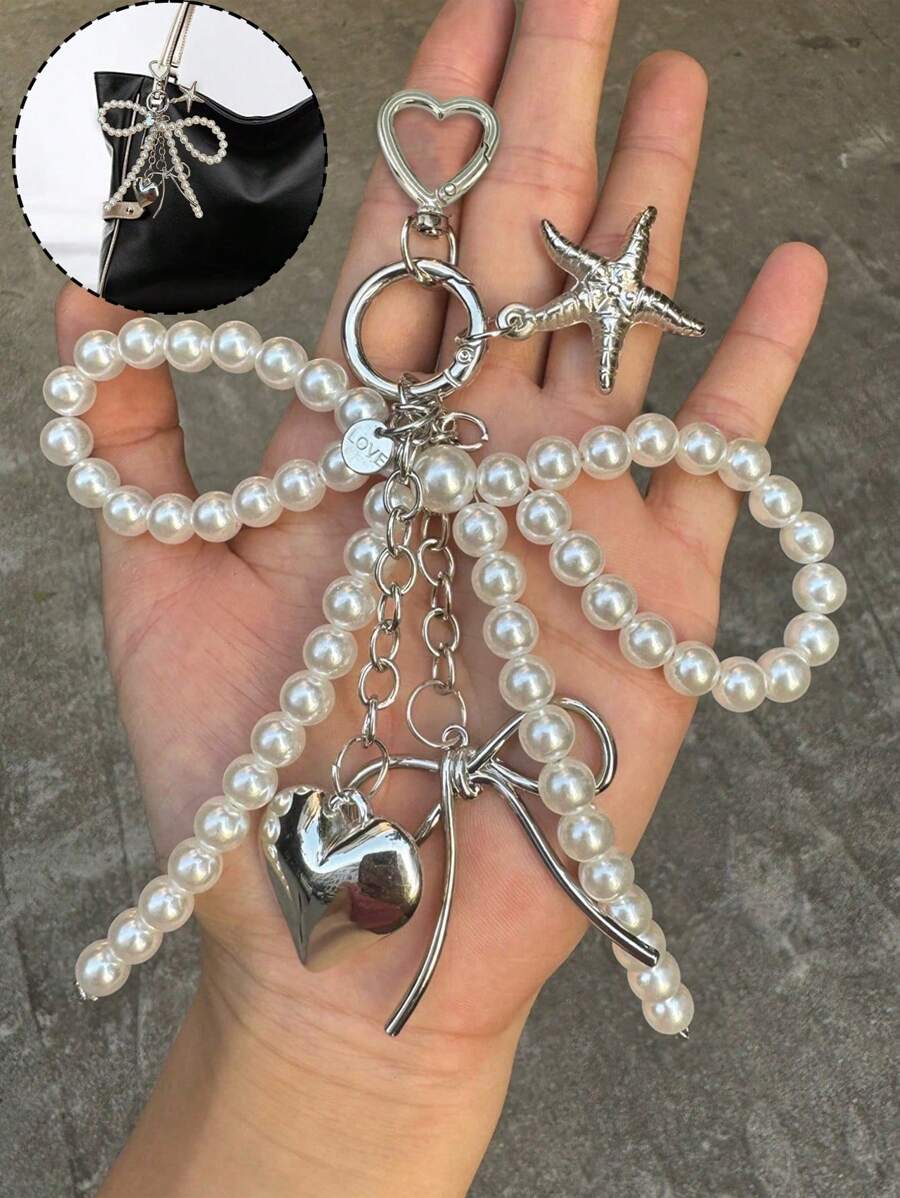 男女皆宜的Y2K可爱串珠蝴蝶结吊坠，时尚大号心形包包挂饰，银色心形旋转钩设计，弹簧扣，海星、蝴蝶结和心形元素手机挂饰钥匙扣 - 彩色 - 查看 1